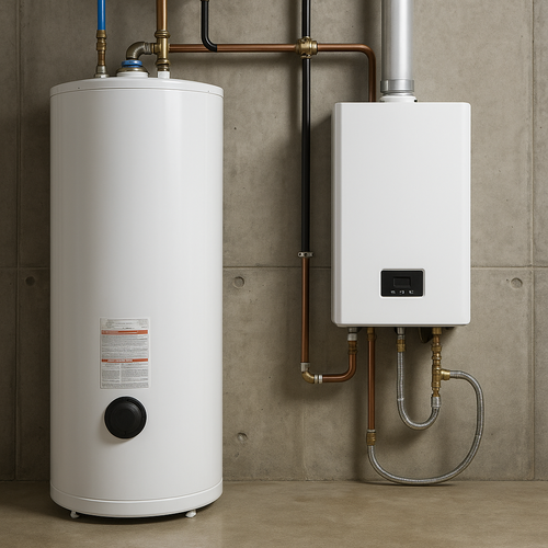 natural draft and tankless water heater side by side
